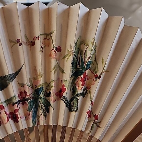 Vintage Paper Chinese and Wood Bird and Floral Fan Romantic Feminine Coquette - Picture 6 of 16